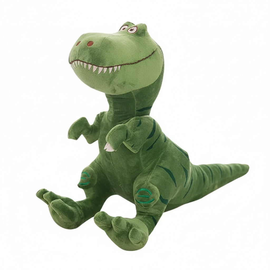 Green plush dinosaur toy on a white background