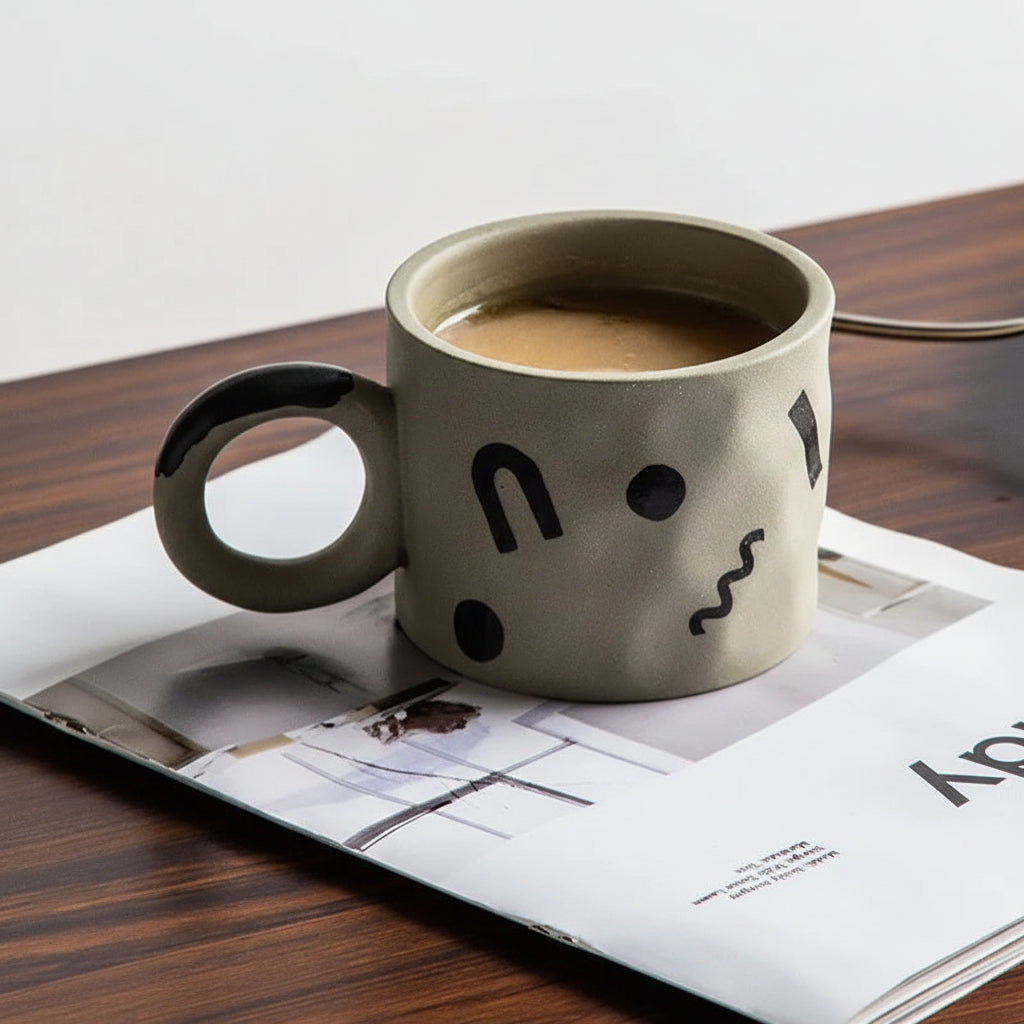 Ceramic mug with smiley face design on a wooden table with a newspaper underneath.