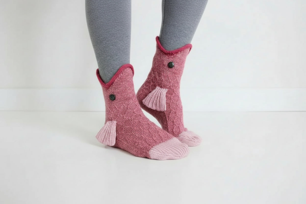 Pink fish-shaped socks with buttons worn by a person on a wooden floor.