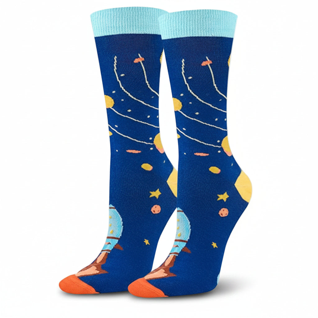 Blue socks with space-themed design on a white background