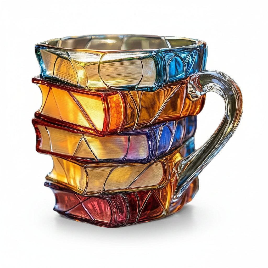 Colorful glass mug with geometric design on a white background