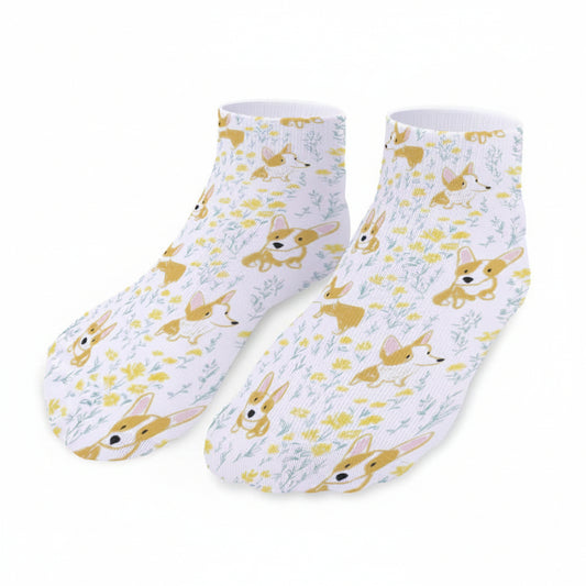 Pair of socks with corgi dog pattern on a white background
