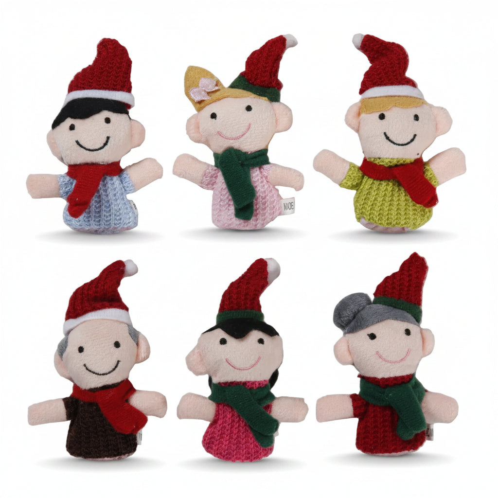 Set of six knitted Christmas elves with red hats and scarves on a white background