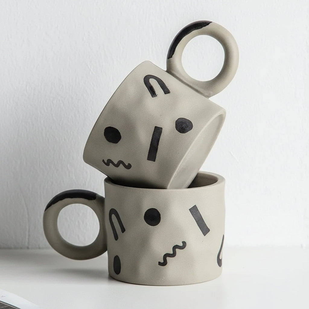 Two gray ceramic mugs with black abstract face designs on a white background