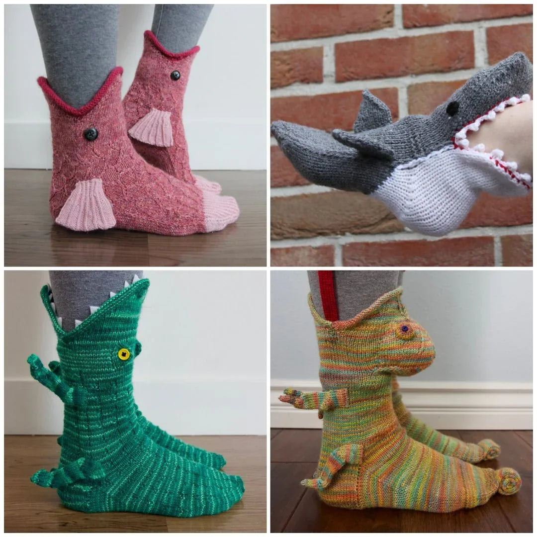 Four pairs of colorful knitted animal-themed socks on feet against different backgrounds.