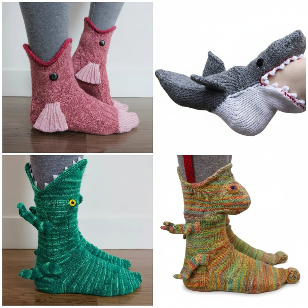 Four pairs of colorful knitted animal-themed socks on feet against different backgrounds.