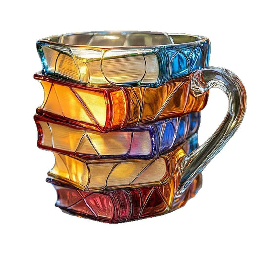 Colorful glass mug with geometric design on a white background