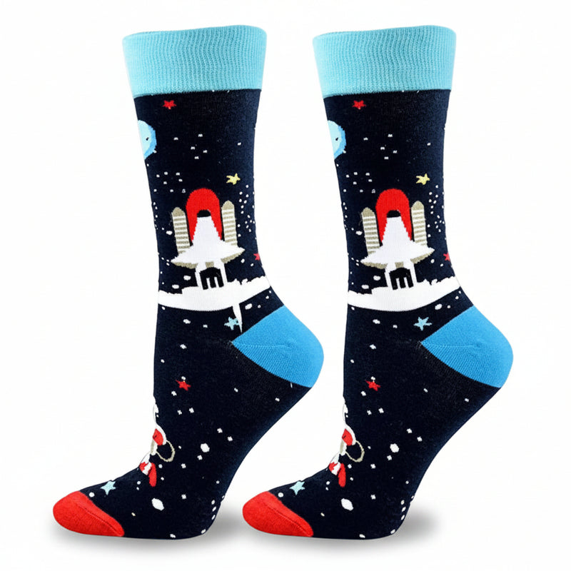 Pair of socks with space shuttle design on a white background