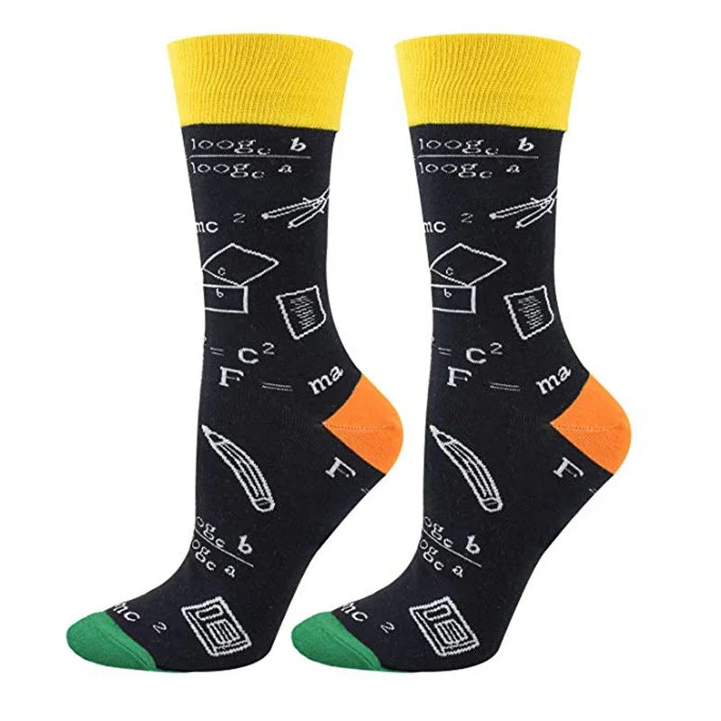 Pair of socks with educational design on a white background
