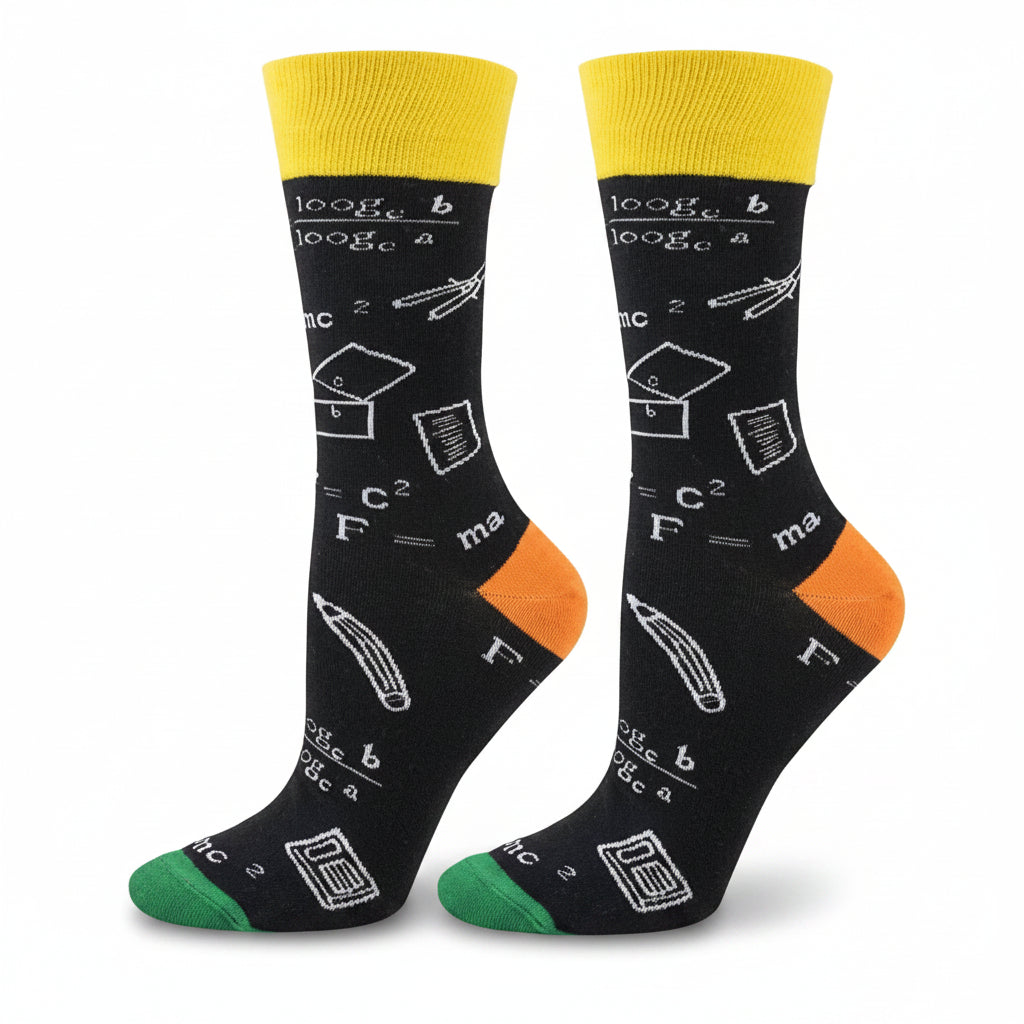 Pair of socks with educational design on a white background