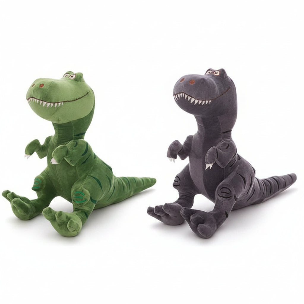 Two plush toy dinosaurs, one green and one gray, on a white background.