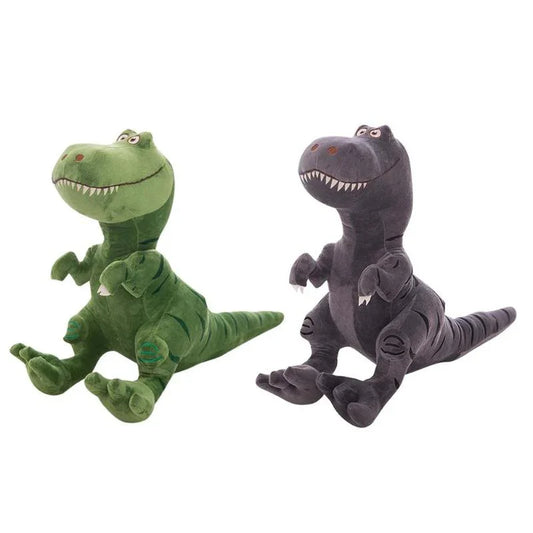 Two plush toy dinosaurs, one green and one gray, on a white background.