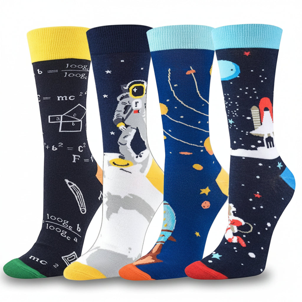 Four pairs of socks with space-themed designs on a white background