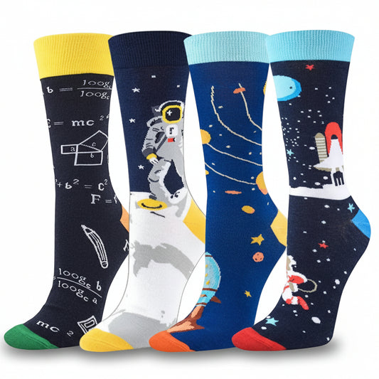 Four pairs of socks with space-themed designs on a white background